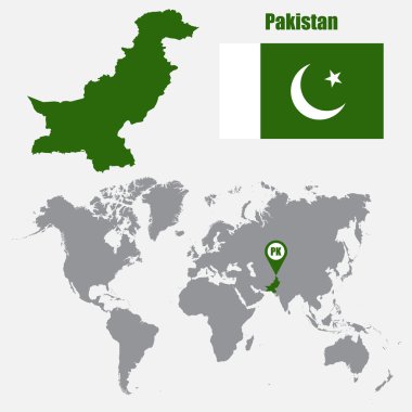 Pakistan map on a world map with flag and map pointer. Vector illustration clipart