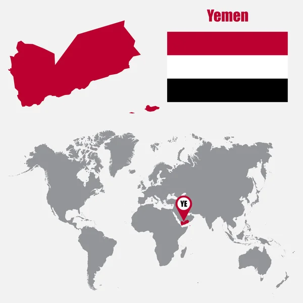 Mappa dello Yemen su una mappa del mondo con bandiera e mappa puntatore. Illustrazione vettoriale — Vettoriale Stock