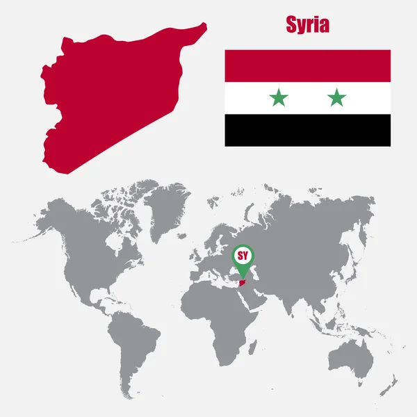 Mappa della Siria su una mappa del mondo con bandiera e mappa puntatore. Illustrazione vettoriale — Vettoriale Stock