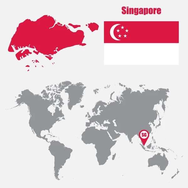 Mappa di Singapore su una mappa del mondo con bandiera e mappa puntatore. Illustrazione vettoriale — Vettoriale Stock