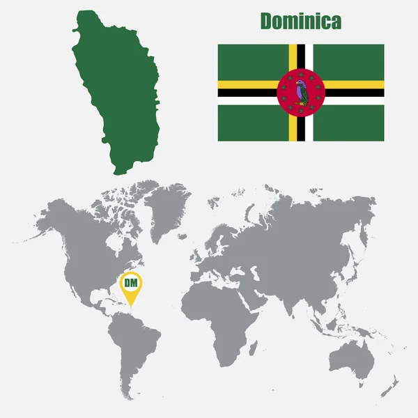 Mapa de Dominica en un mapa mundial con la bandera y el puntero del mapa. Ilustración vectorial — Vector de stock