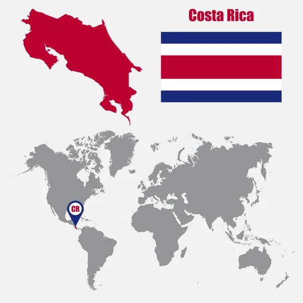 Mapa de Costa Rica en un mapa mundial con bandera y puntero de mapa. Ilustración vectorial — Archivo Imágenes Vectoriales