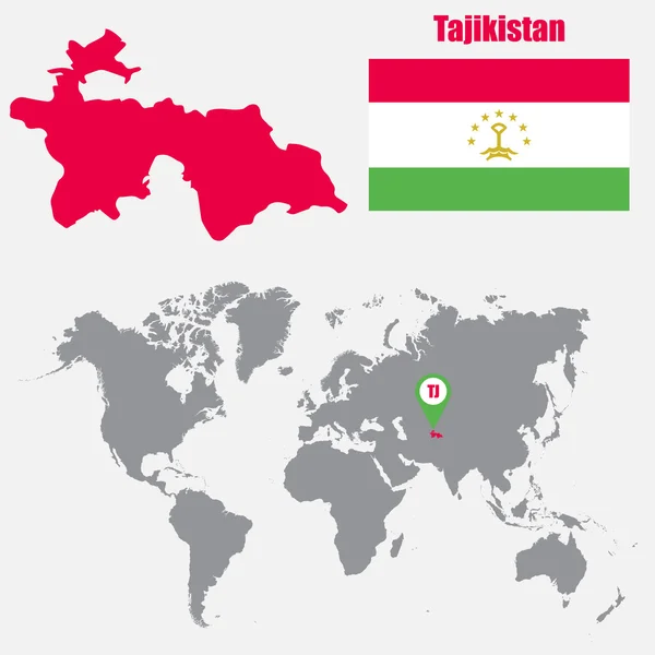 タジキスタンはフラグを世界地図上にマップし、ポインターをマップします。ベクトル図 — ストックベクタ