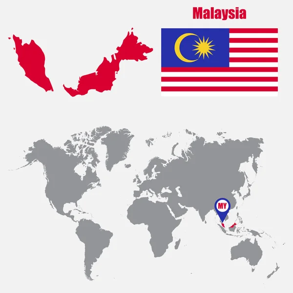 マレーシアはフラグを世界地図上にマップし、ポインターをマップします。ベクトル図 — ストックベクタ