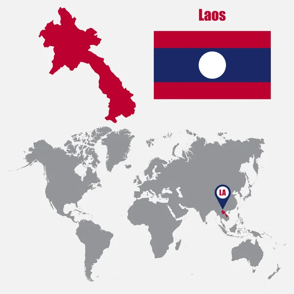 Laos carte sur une carte du monde avec drapeau et pointeur de carte. Illustration vectorielle — Image vectorielle