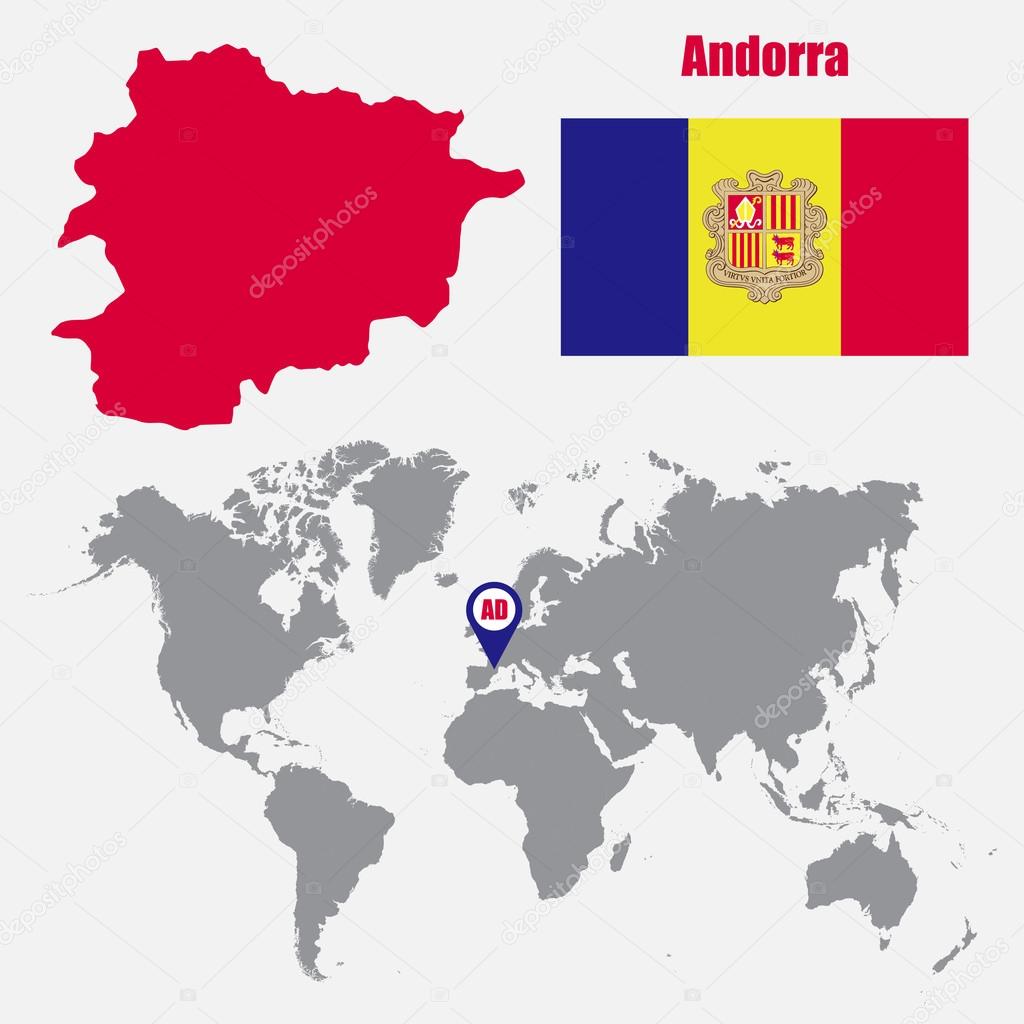 Andorra kaart op een wereldkaart met vlag en kaart van de ... Andorra kaart op een wereldkaart met vlag en kaart van de ...