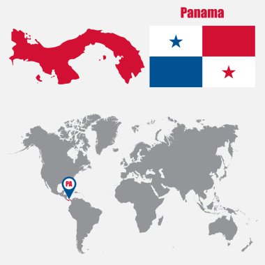 Bayrak ve harita işaretçisi ile bir dünya haritası üzerinde Panama haritası. Vektör çizimi