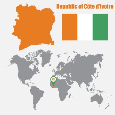 Ivory Coast map on a world map with flag and map pointer. Vector illustration clipart