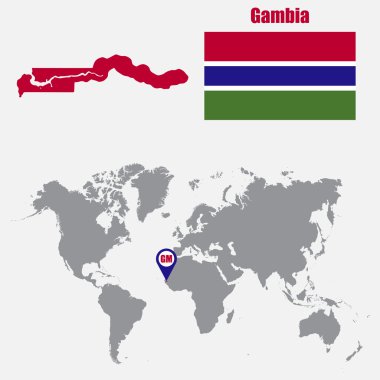 Bayrak ve harita işaretçisi ile bir dünya haritası üzerinde Gambiya haritası. Vektör çizimi