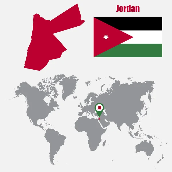 Carte de la Jordanie sur une carte du monde avec drapeau et pointeur de carte. Illustration vectorielle — Image vectorielle