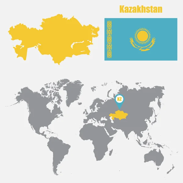 Mappa del Kazakistan su una mappa del mondo con bandiera e mappa puntatore. Illustrazione vettoriale — Vettoriale Stock