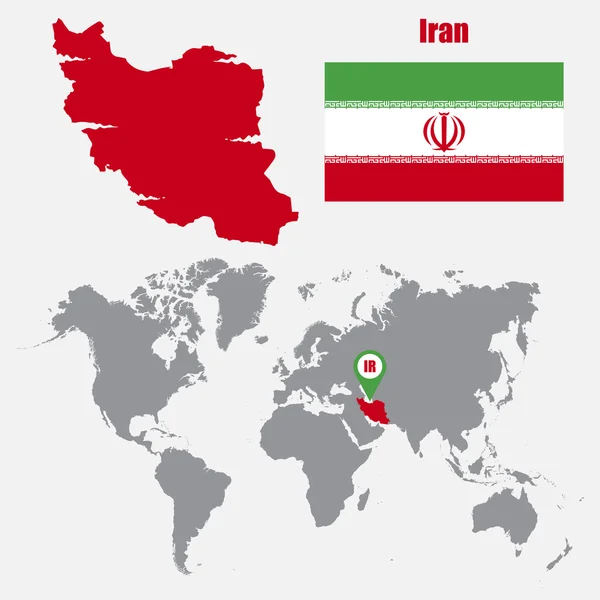 Mappa dell'Iran su una mappa del mondo con bandiera e mappa puntatore. Illustrazione vettoriale — Vettoriale Stock