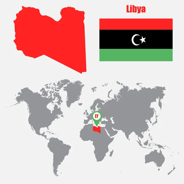 Mappa della Libia su una mappa del mondo con bandiera e mappa puntatore. Illustrazione vettoriale — Vettoriale Stock