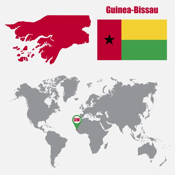 Mappa Guinea-Bissau su una mappa del mondo con bandiera e mappa puntatore. Illustrazione vettoriale — Vettoriale Stock