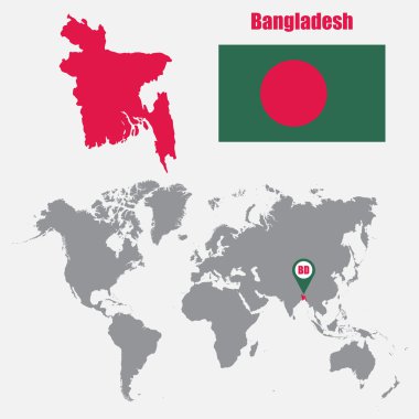 Bayrak ve harita işaretçisi ile bir dünya haritası üzerinde Bangladeş haritası. Vektör çizimi