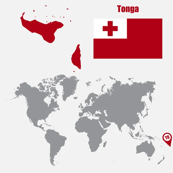 Tonga mapa em um mapa do mundo com bandeira e ponteiro do mapa. Ilustração vetorial — Vetor de Stock
