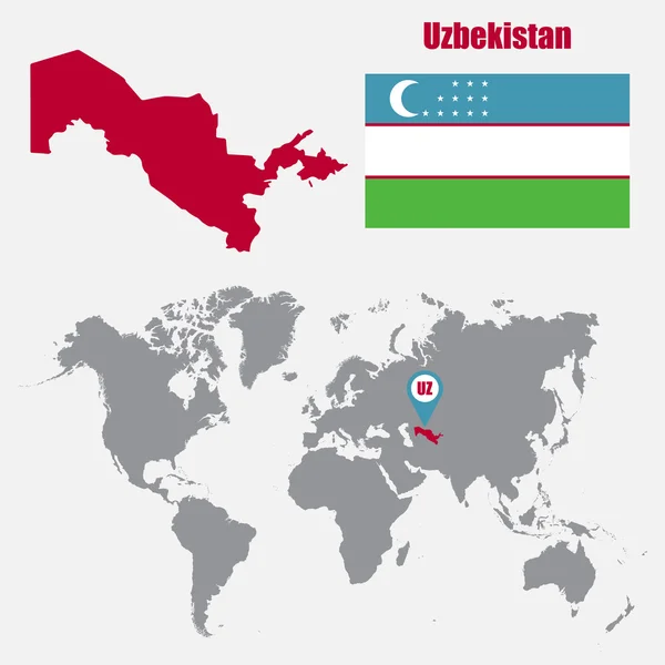 Mappa dell'Uzbekistan su una mappa del mondo con bandiera e mappa puntatore. Illustrazione vettoriale — Vettoriale Stock