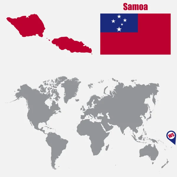 Samoa mapa na mapě světa s ukazatelem praporku a mapy. Vektorová ilustrace — Stockový vektor