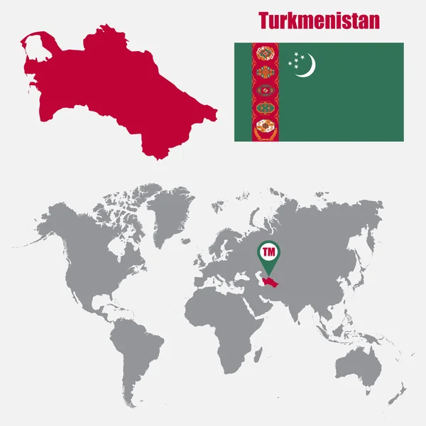 Mappa del Turkmenistan su una mappa del mondo con bandiera e mappa puntatore. Illustrazione vettoriale — Vettoriale Stock