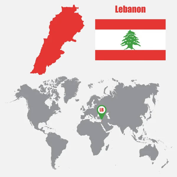 Mappa del Libano su una mappa del mondo con bandiera e mappa puntatore. Illustrazione vettoriale — Vettoriale Stock