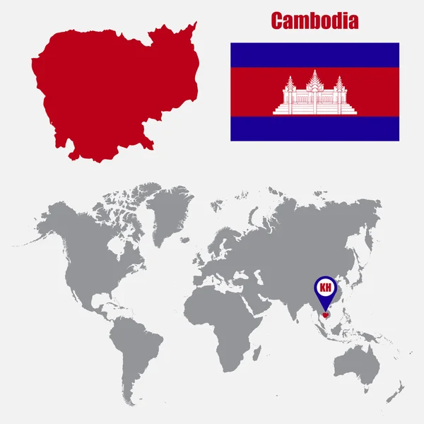 フラグと地図ポインタを持つ世界地図上のカンボジアマップ。ベクトルイラスト — ストックベクタ