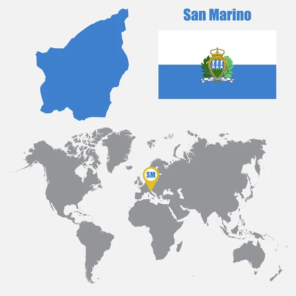 Mapa de San Marino en un mapa mundial con la bandera y el puntero del mapa. Ilustración vectorial — Archivo Imágenes Vectoriales
