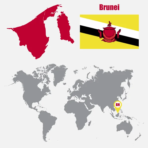 Brunei mapa em um mapa do mundo com bandeira e ponteiro do mapa. Ilustração vetorial — Vetor de Stock
