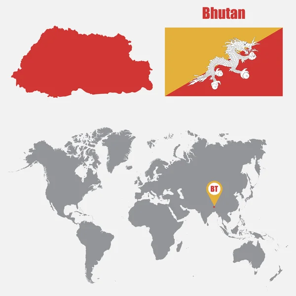 Mappa del Bhutan su una mappa del mondo con bandiera e mappa puntatore. Illustrazione vettoriale — Vettoriale Stock