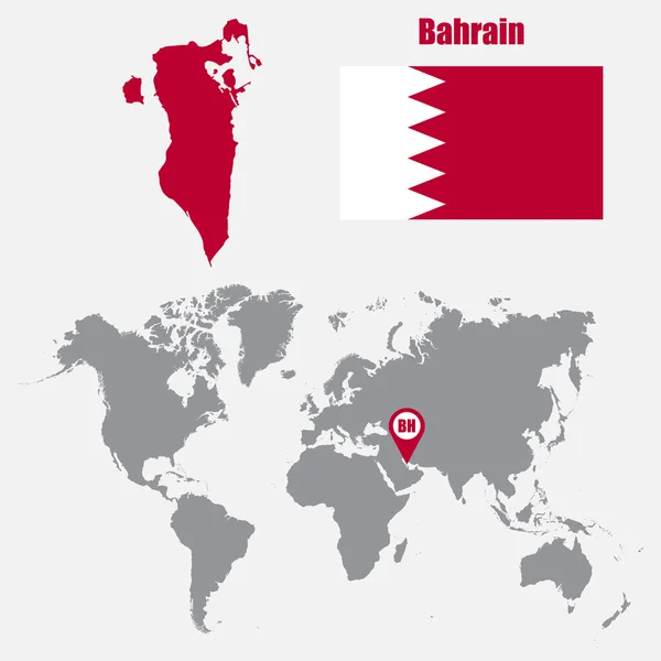 Bahrain mapa em um mapa do mundo com bandeira e ponteiro do mapa. Ilustração vetorial — Vetor de Stock