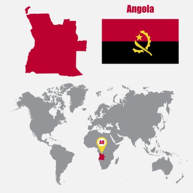 Angola bayrağı ile bir dünya haritası üzerinde harita ve işaretçi göster. Vektör çizim