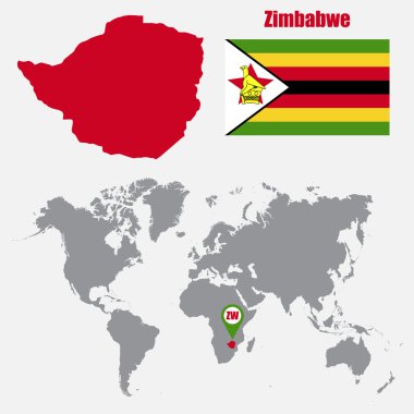 Zimbabve bayrağı ile bir dünya haritası üzerinde harita ve işaretçi göster. Vektör çizim