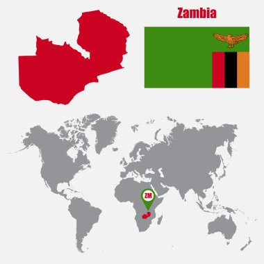 Zambiya bayrağı ile bir dünya haritası üzerinde harita ve işaretçi göster. Vektör çizim
