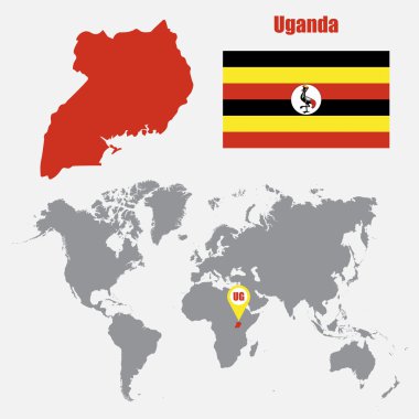 Uganda bayrağıyla bir dünya haritası üzerinde harita ve işaretçi göster. Vektör çizim