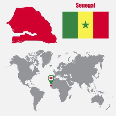 Senegal bayrak ile bir dünya haritası üzerinde harita ve işaretçi göster. Vektör çizim