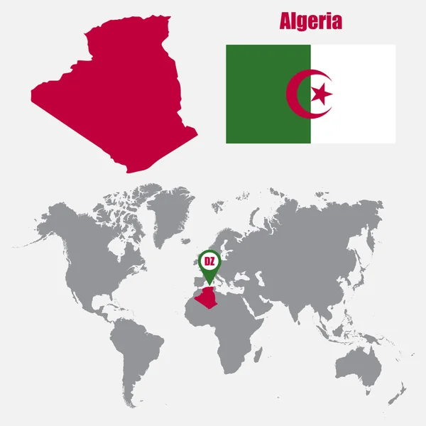 Algeria mappa su una mappa del mondo con bandiera e mappa puntatore. Illustrazione vettoriale — Vettoriale Stock