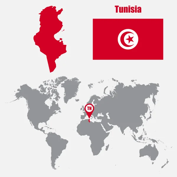Mappa della Tunisia su una mappa del mondo con bandiera e mappa puntatore. Illustrazione vettoriale — Vettoriale Stock