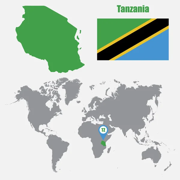 Mappa della Tanzania su una mappa del mondo con bandiera e mappa puntatore. Illustrazione vettoriale — Vettoriale Stock