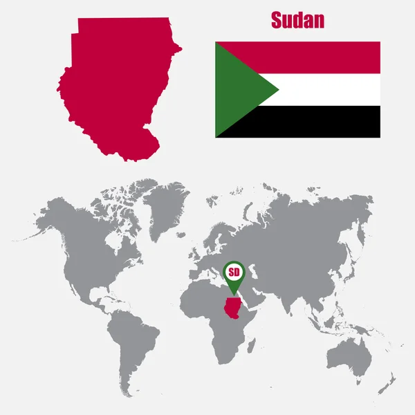 Mappa del Sudan su una mappa del mondo con bandiera e mappa puntatore. Illustrazione vettoriale — Vettoriale Stock