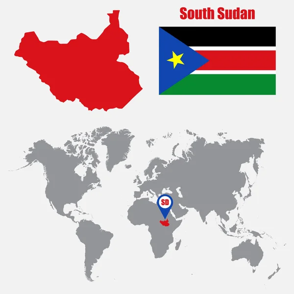 南スーダンはフラグを使って世界地図上にマップし、ポインターをマップします。ベクトル図 — ストックベクタ