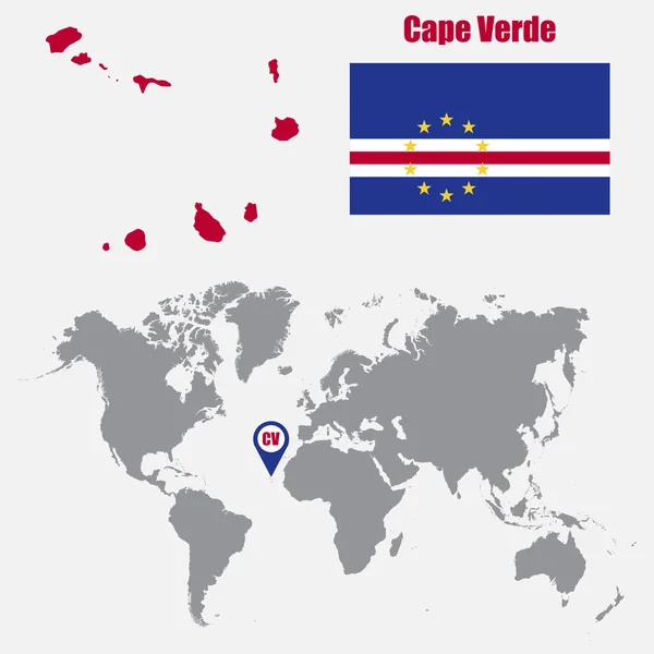 Mapa de Cabo Verde en un mapa mundial con la bandera y el puntero del mapa. Ilustración vectorial — Vector de stock