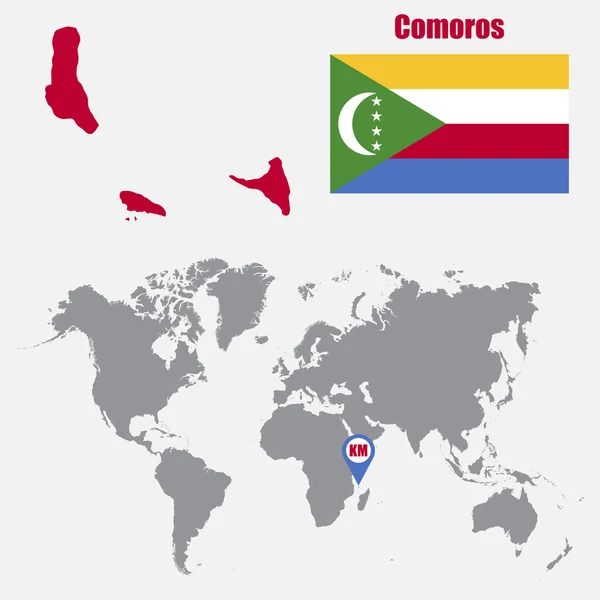 コモロの国旗と世界地図マップし、ポインターをマップ — ストックベクタ