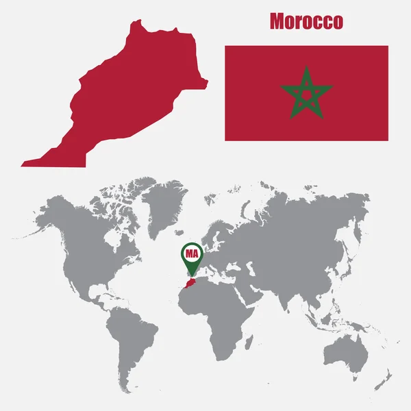 Maroc carte sur une carte du monde avec drapeau et pointeur de carte. Illustration vectorielle — Image vectorielle