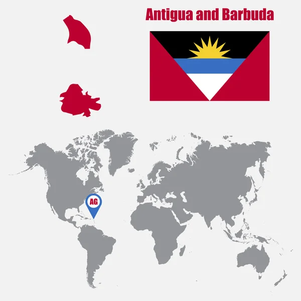 Antigua och Barbuda karta på en världskarta med flagga och karta pekaren. Vektorillustration — Stock vektor