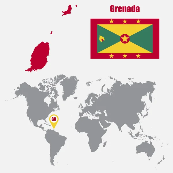 Mapa de Granada em um mapa do mundo com bandeira e ponteiro do mapa. Ilustração vetorial — Vetor de Stock