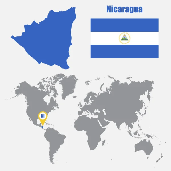 Nicaragua karta på en världskarta med flagga och karta pekaren. Vektorillustration — Stock vektor