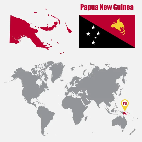 Papua Nova Guiné mapa em um mapa do mundo com bandeira e ponteiro do mapa. Ilustração vetorial — Vetor de Stock