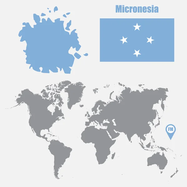 Micronésia mapa em um mapa do mundo com bandeira e ponteiro do mapa. Ilustração vetorial — Vetor de Stock