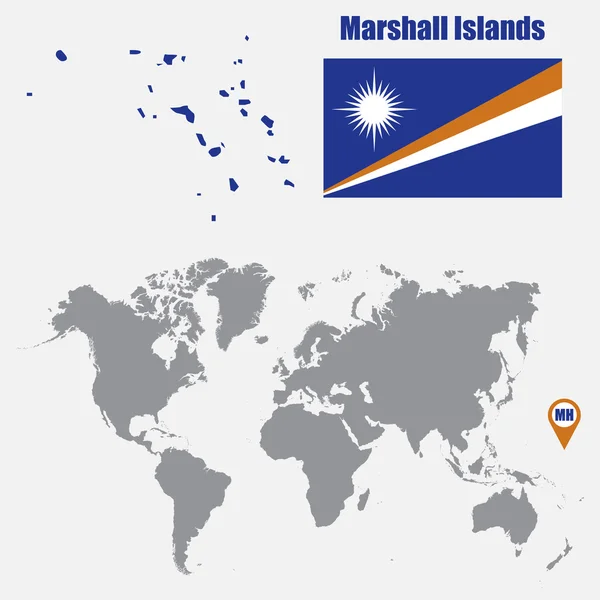 Mapa das Ilhas Marshall em um mapa do mundo com bandeira e ponteiro do mapa. Ilustração vetorial — Vetor de Stock