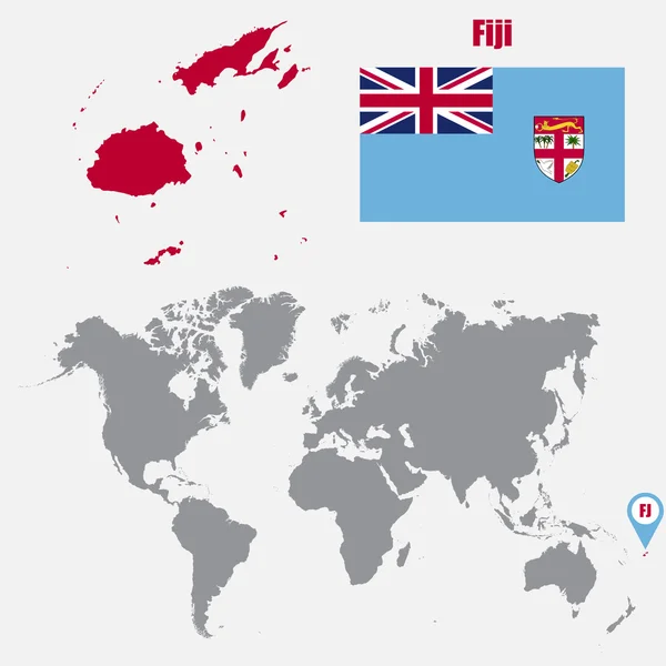 Mapa de Fiji en un mapa mundial con la bandera y el puntero del mapa. Ilustración vectorial — Archivo Imágenes Vectoriales