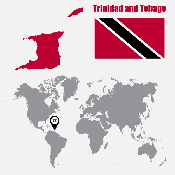 Trinidad a Tobago mapy na mapu světa s vlajkou a namapovat ukazatel. Vektorové ilustrace — Stockový vektor